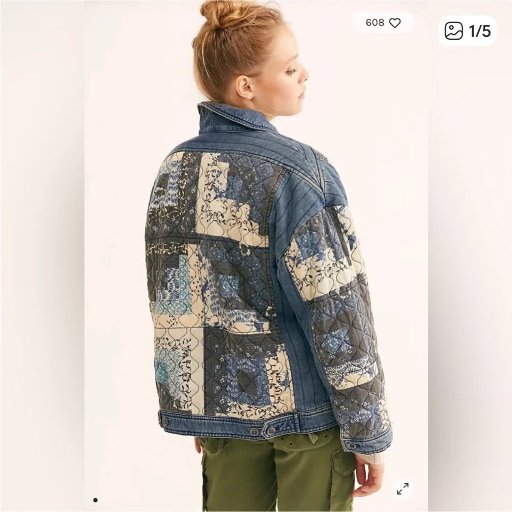 Free People pieced together floral Blue Patchwork Jean denim quilted Jacket s - Picture 1 of 5